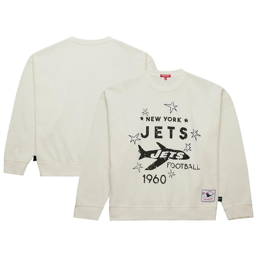 Women's Mitchell & Ness  Cream New York Jets Throwback Logo 3.0 Pullover Sweatshirt, Size: XS, Beige Product Image