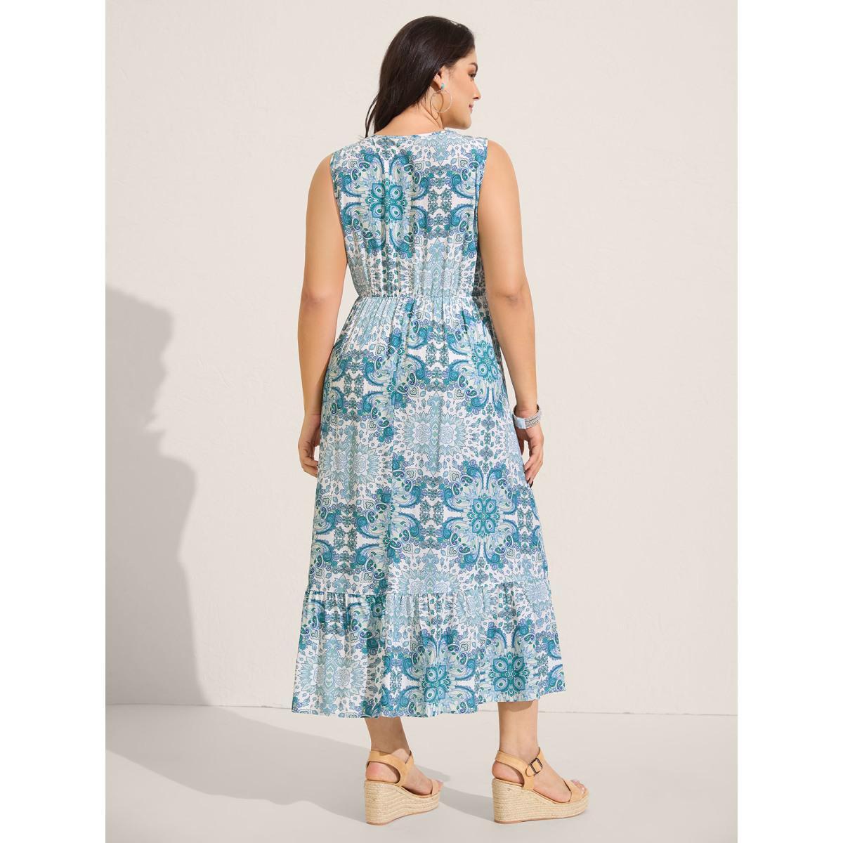 Plus Size Rayon Paisley Print Layered Midi Dress Arctic Women Round Neck Sleeveless Curvy BloomChic 26/4X Product Image
