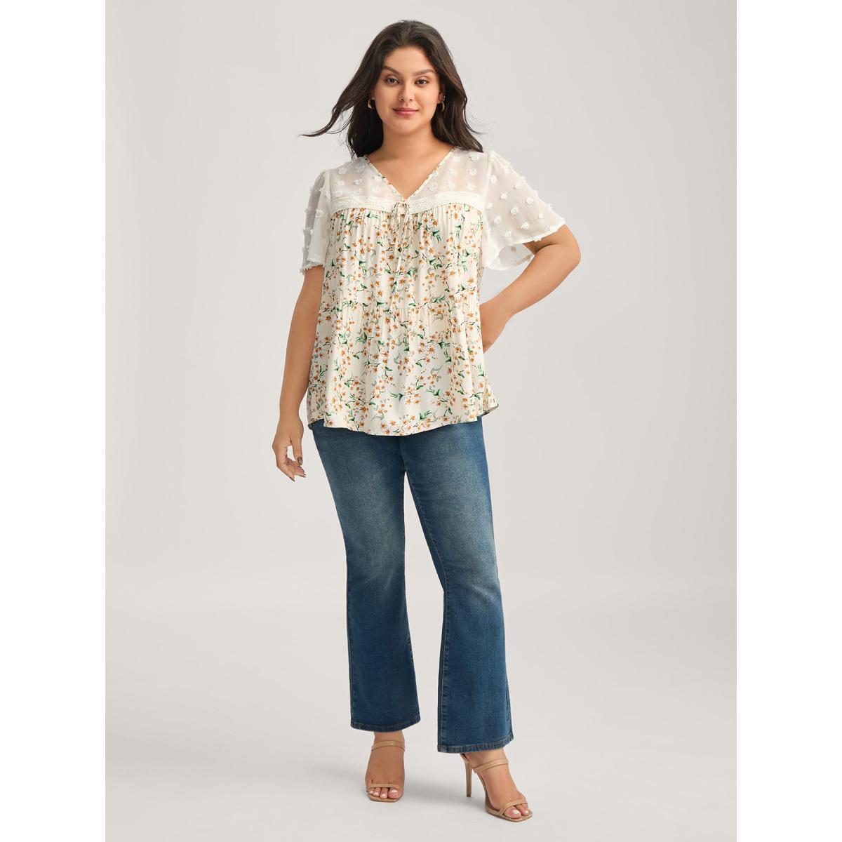 Plus Size Beige Floral Print Lace Sheer Sleeve Blouse Women Short sleeve V-neck Everyday-Elegant Blouses BloomChic 26/4X Product Image