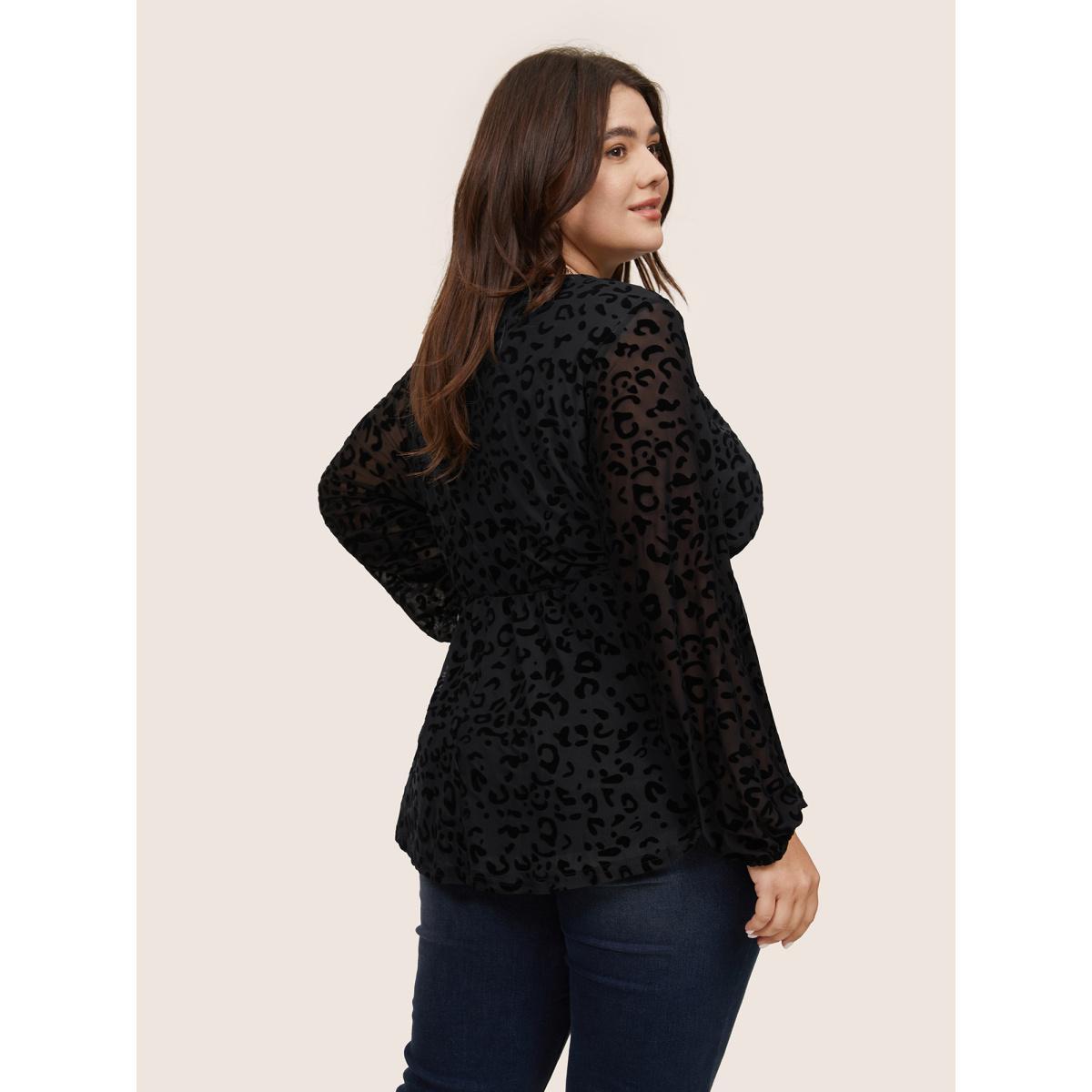 Plus Size Black Leopard Flocking Mesh Patchwork Wrap Blouse Women Glamour Long Sleeve V-neck Going out Blouses BloomChic 28/5X Product Image