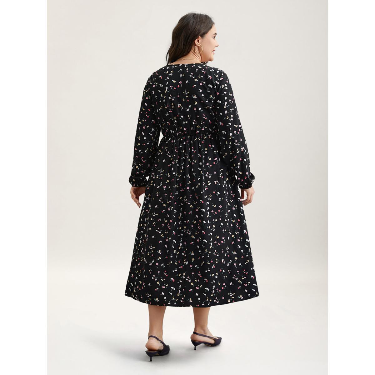 Plus Size Floral Print V-Neck Waist-Defined Midi Dress BlackFlower Women Elegant Non V-neck Long Sleeve Curvy BloomChic 30/6X Product Image