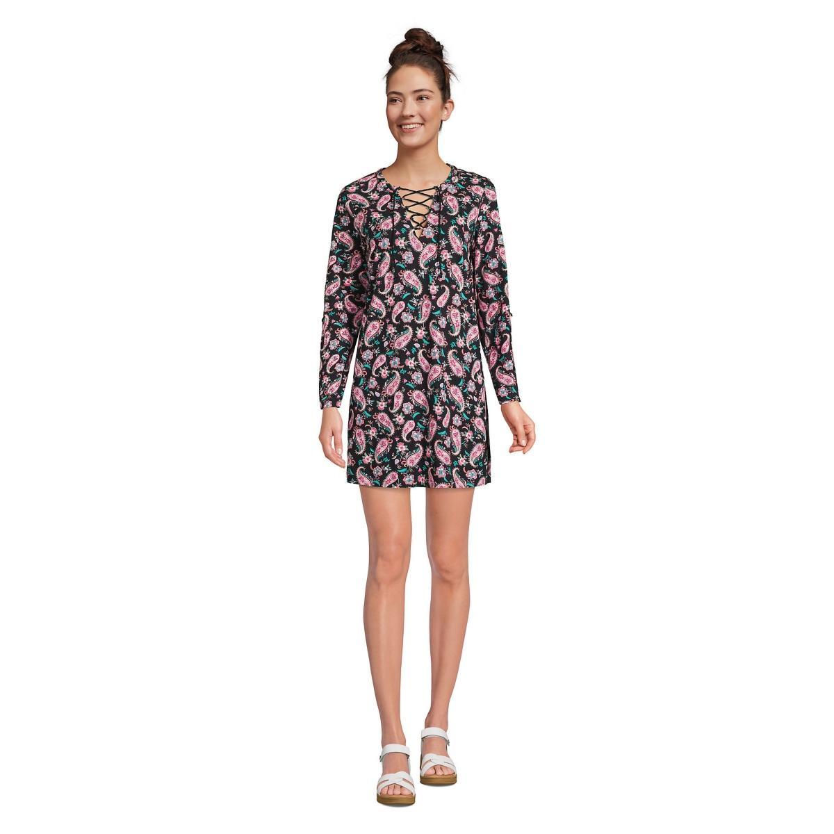 Women's Lands' End V-neck Tunic Swim Cover-Up Shirtdress, Size: Small, Black Paisley Floral Product Image
