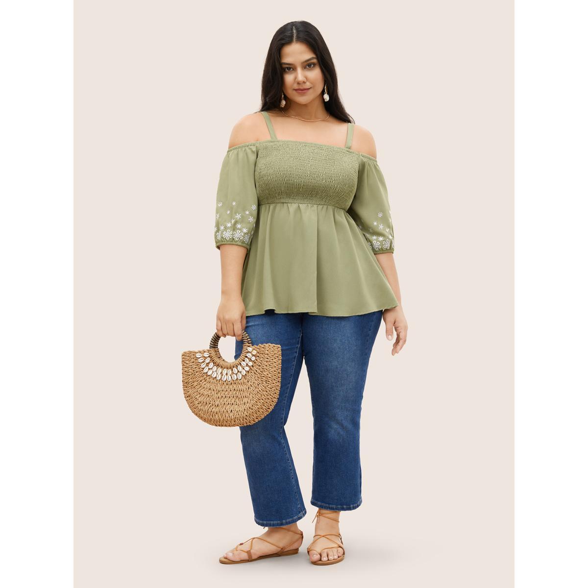 Plus Size Mint Floral Embroidered Shirred Off Shoulder Blouse Women Resort Half Sleeve One-shoulder neck Vacation Blouses BloomChic 12/L Product Image