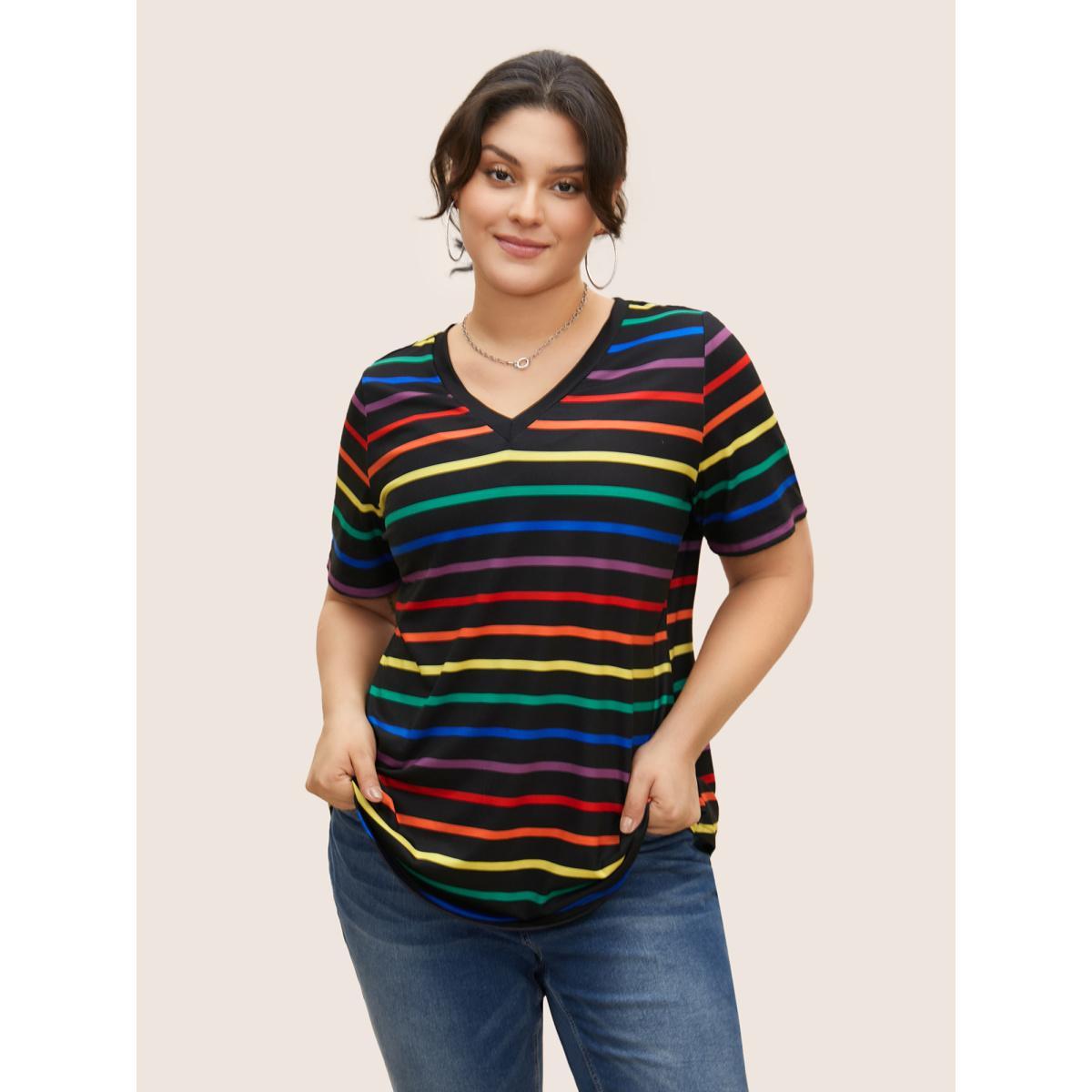 Plus Size V Neck Contrast Striped Stretched T-shirt Multicolor Women Casual Contrast V-neck Everyday T-shirts BloomChic 10/M Product Image