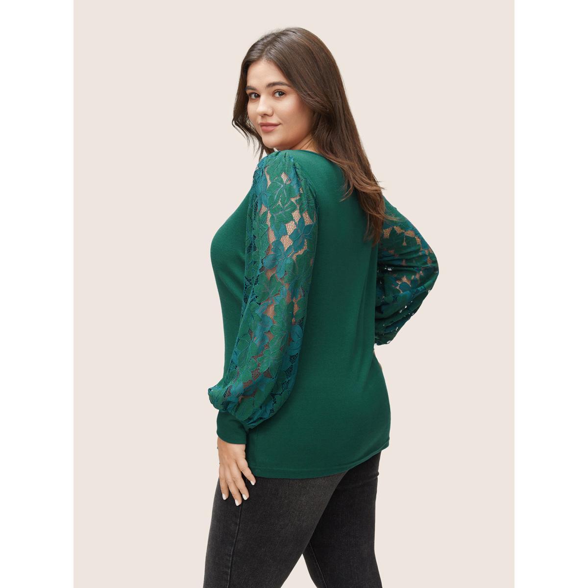 Plus Size Solid Plants Guipure Lace Gathered T-shirt DarkGreen Women Elegant Plain Plain Round Neck Dailywear T-shirts BloomChic 12/L Product Image