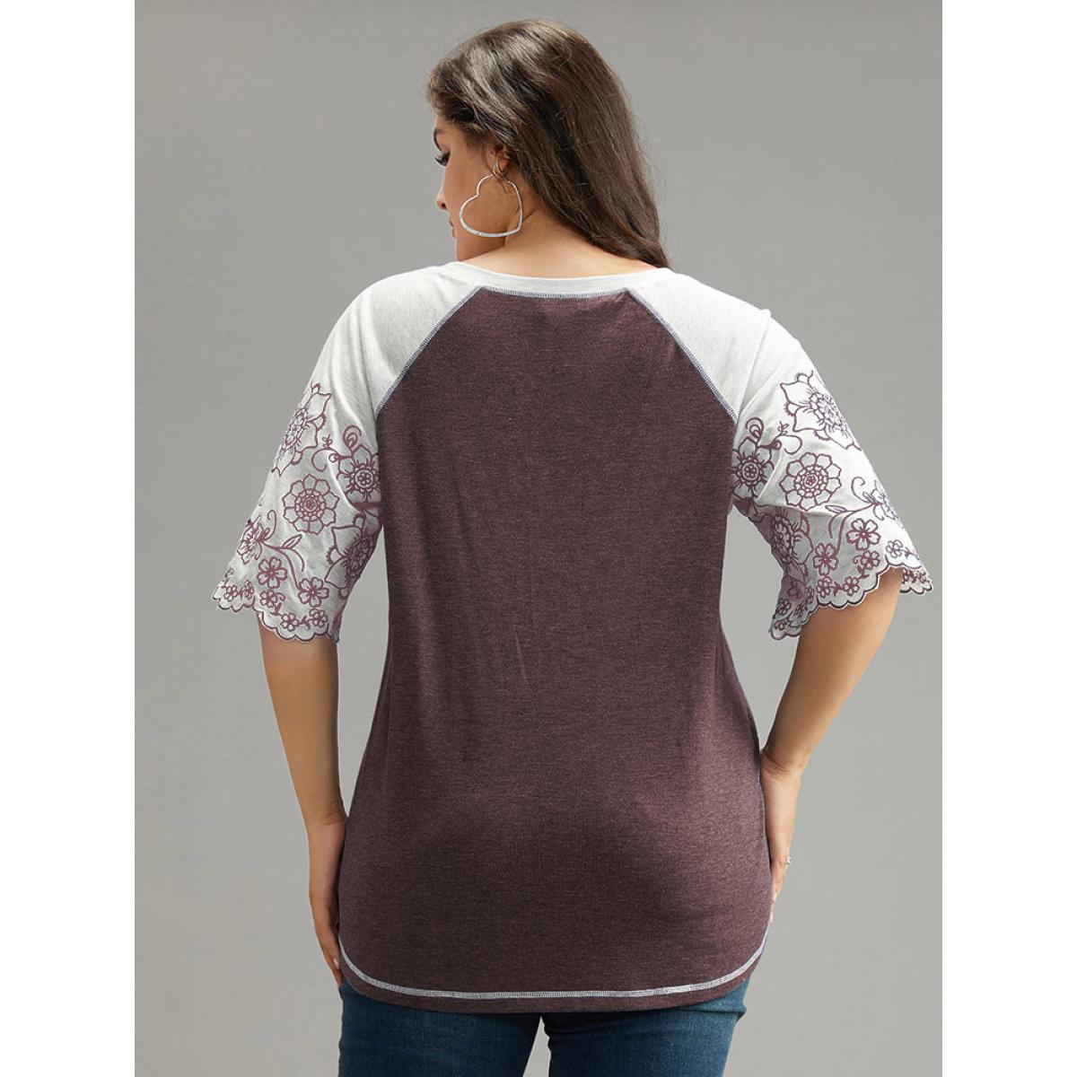 Plus Size Contrast Embroidered Scalloped Trim T-shirt Red Women Elegant Contrast Silhouette Floral Print Round Neck Dailywear T-shirts BloomChic 14-16/1X Product Image