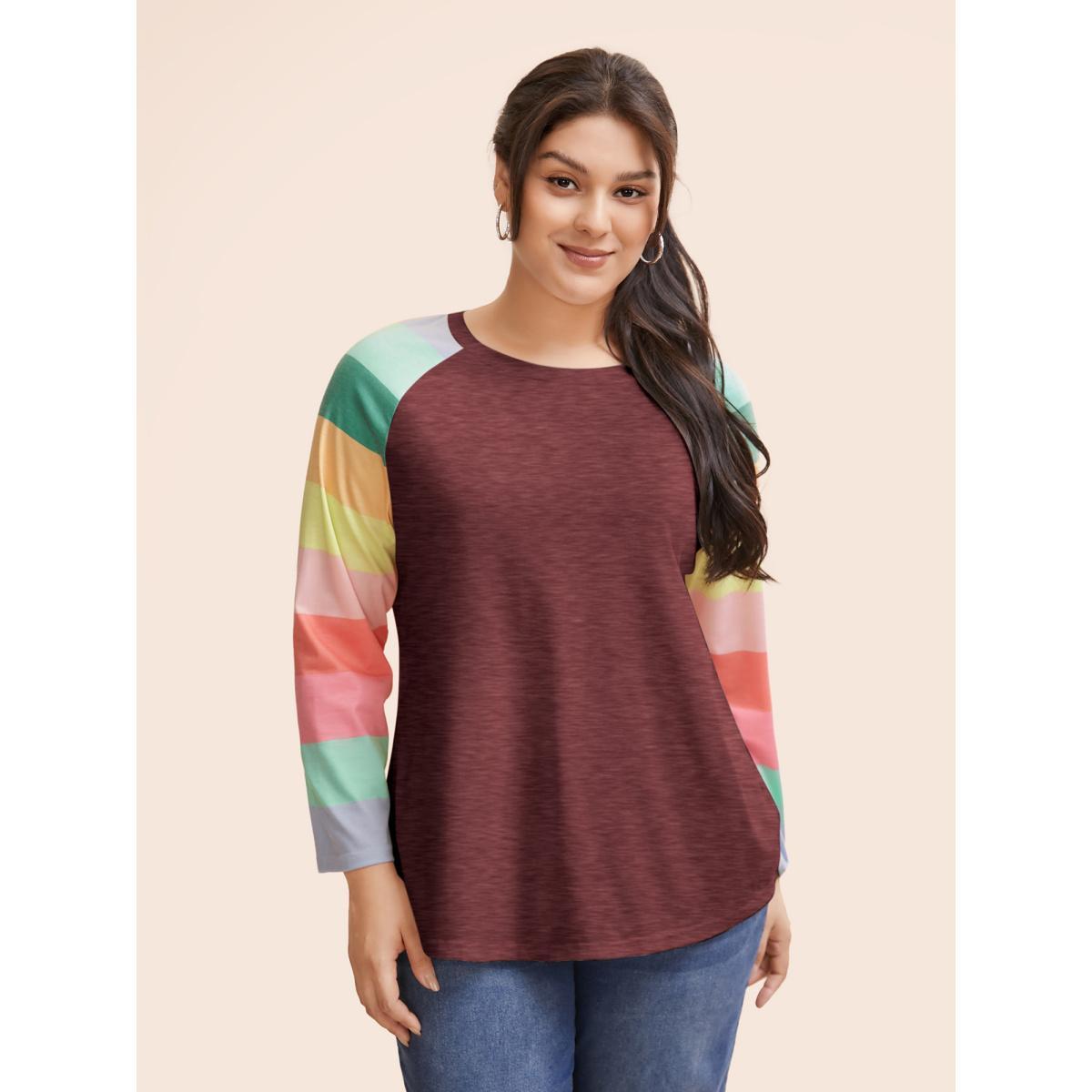 Plus Size Multi-color Striped Sleeves Loose Fit T-shirt Burgundy Women Casual Contrast Round Neck Everyday T-shirts BloomChic 22-24/3X Product Image