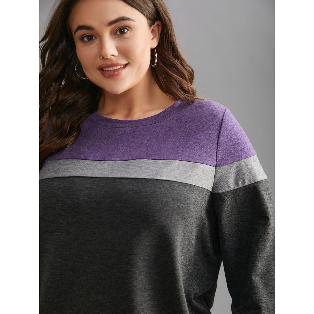Plus Size Colorblock Contrast Round Neck Sweatshirt Women DimGray Casual Contrast Loose Round Neck Everyday Sweatshirts BloomChic 10/M Product Image