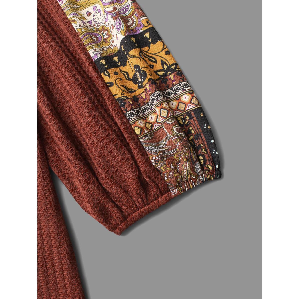 Plus Size Bandana Patchwork Waffle Knit T-shirt Maroon Women Casual Texture V-neck Loose Everyday T-shirts BloomChic 26/4X Product Image