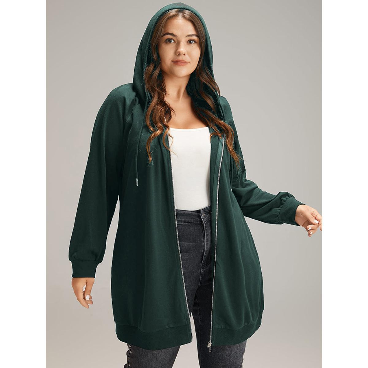 Plus Size Plain Zipper Hooded Drawstring Pocket Sweatshirt Women DarkBlue Casual Plain Hooded Dailywear Sweatshirts BloomChic 12/L Product Image