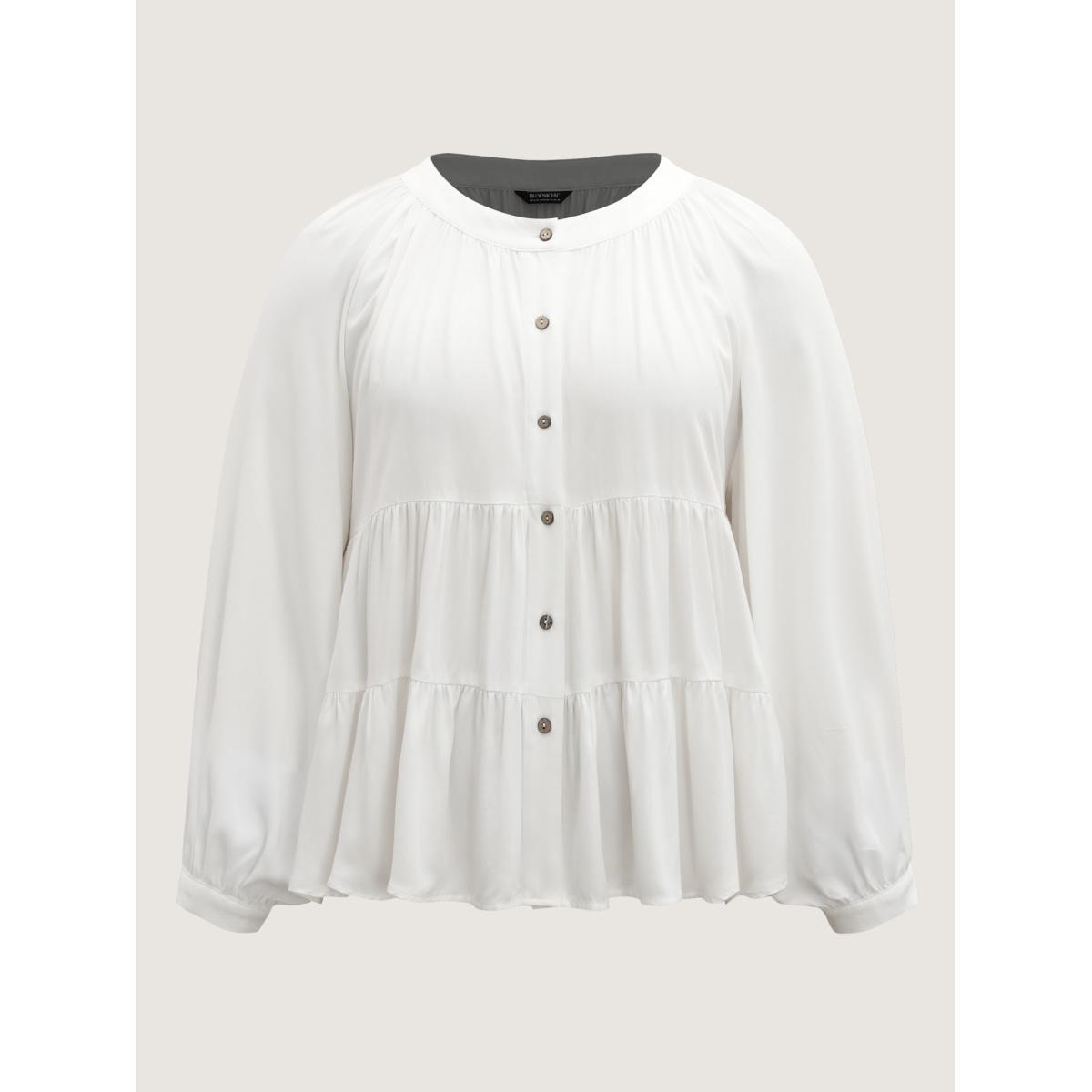 Plus Size Originalwhite Tiered Button Placket Puffy Sleeve Blouse Women Extra Long Sleeve Round Neck Vacation Blouses BloomChic 22-24/3X Product Image