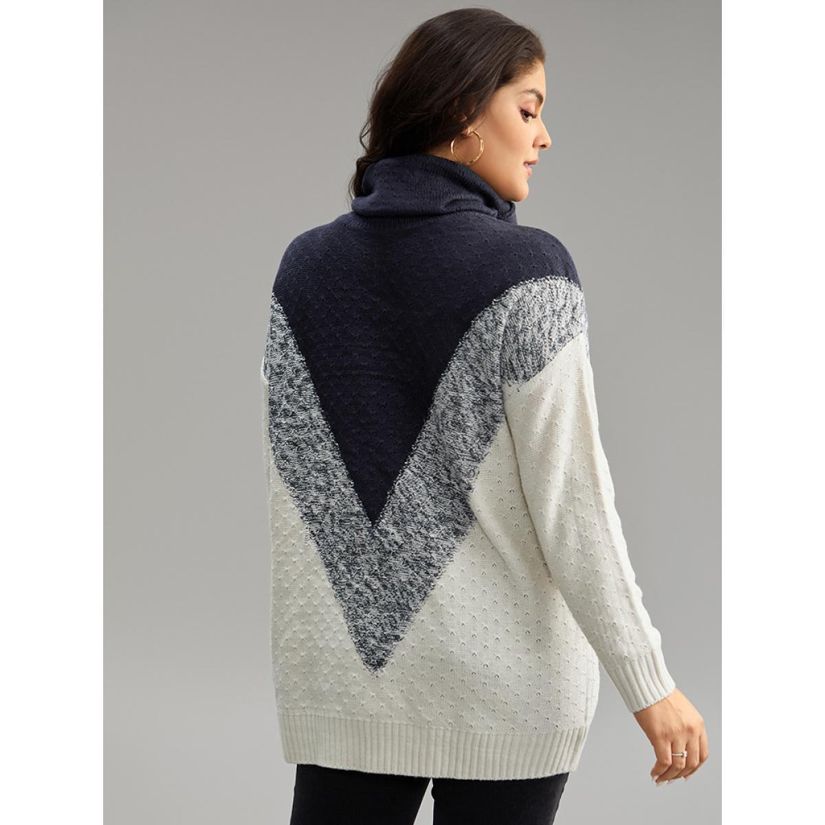 Plus Size Heather Colorblock Turtle Neck Pullover Midnight Women Casual Loose Long Sleeve Round Neck Dailywear Pullovers BloomChic 10/M Product Image
