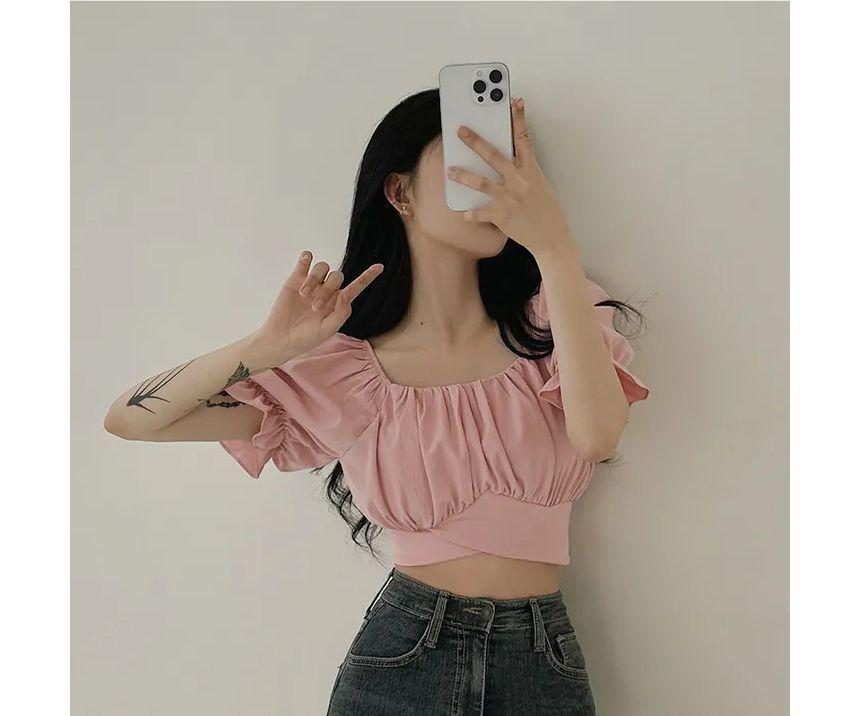 Short-Sleeve Square Neck Plain Crop Blouse Product Image