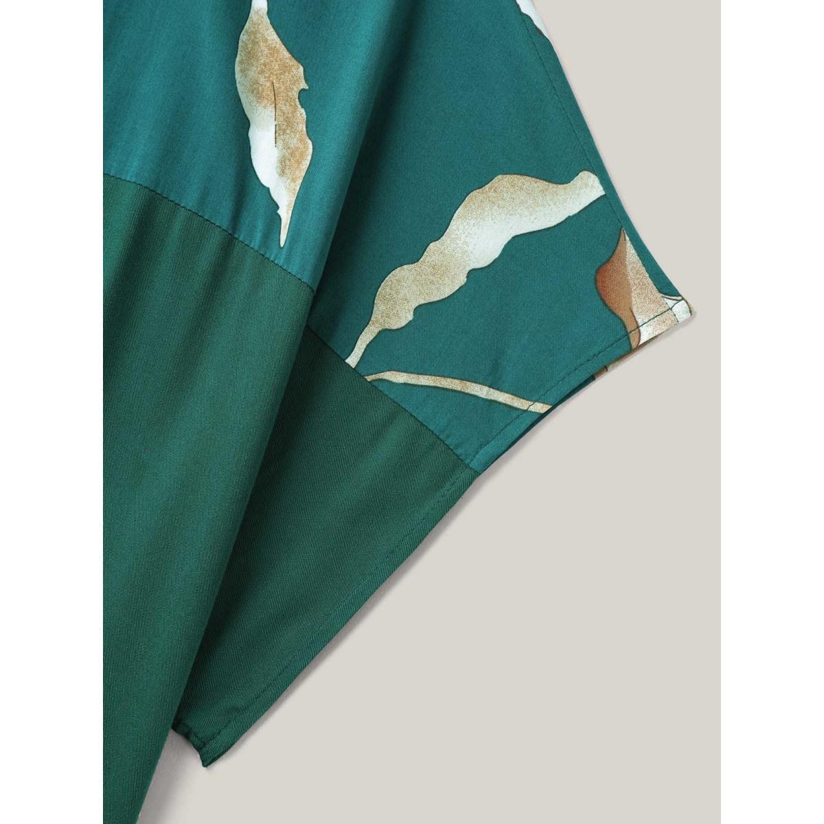 Plus Size Cyan Tropical Floral Print Spliced Blouse Women Elegant Short sleeve Boat Neck Work Blouses BloomChic 12/L Product Image