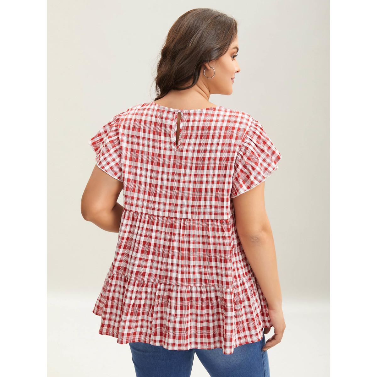 Plus Size Crimson Plaid Print Textured Lotus Leaf Sleeve Shirt Women Casual Cap Sleeve Round Neck Everyday Blouses BloomChic 10/M Product Image