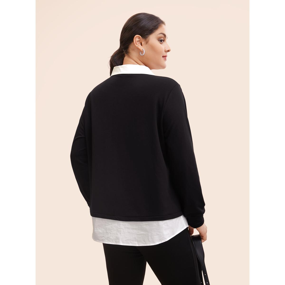 Plus Size 2-In-1 Shirt Collar Contrast Patchwork Sweatshirt Women Black Work From Home Contrast Shirt collar Work Sweatshirts BloomChic 12/L Product Image