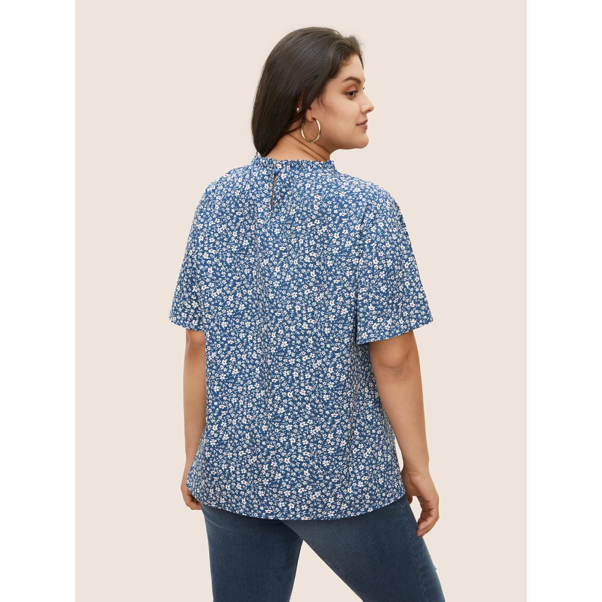 Plus Size Aegean Ditsy Floral Plicated Detail Frill Trim Blouse Women Elegant Short sleeve Round Neck Everyday Blouses BloomChic 26/4X Product Image