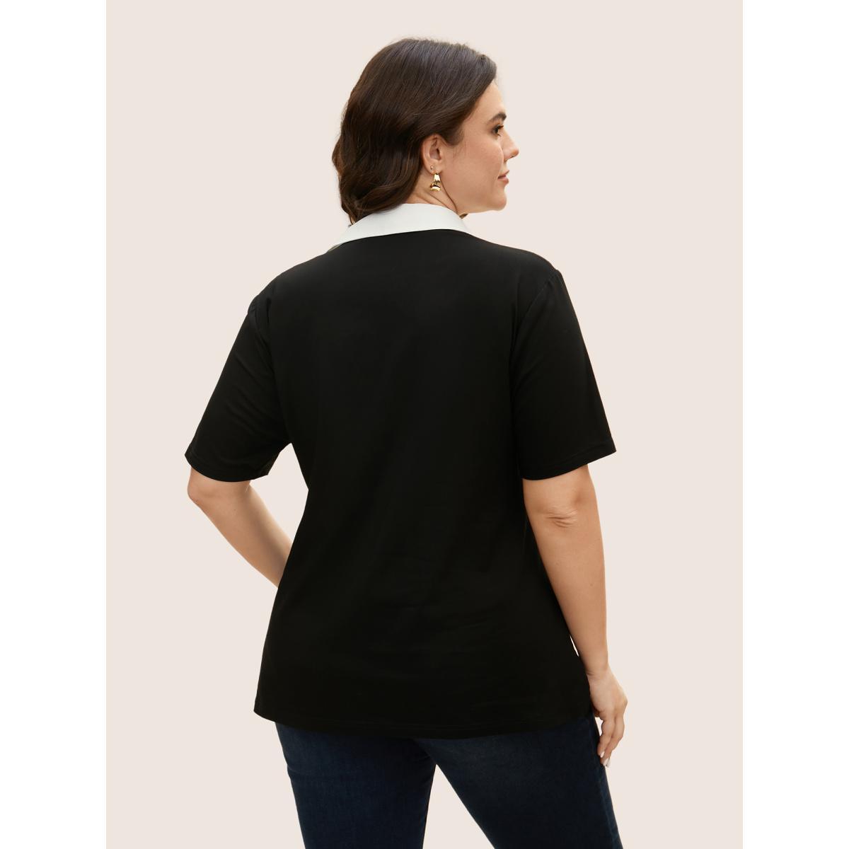 Plus Size Black Stretchy Woven Shirt Collar Contrast Blouse Women Workwear Essentials Short sleeve Shirt collar Work Blouses BloomChic 30/6X Product Image
