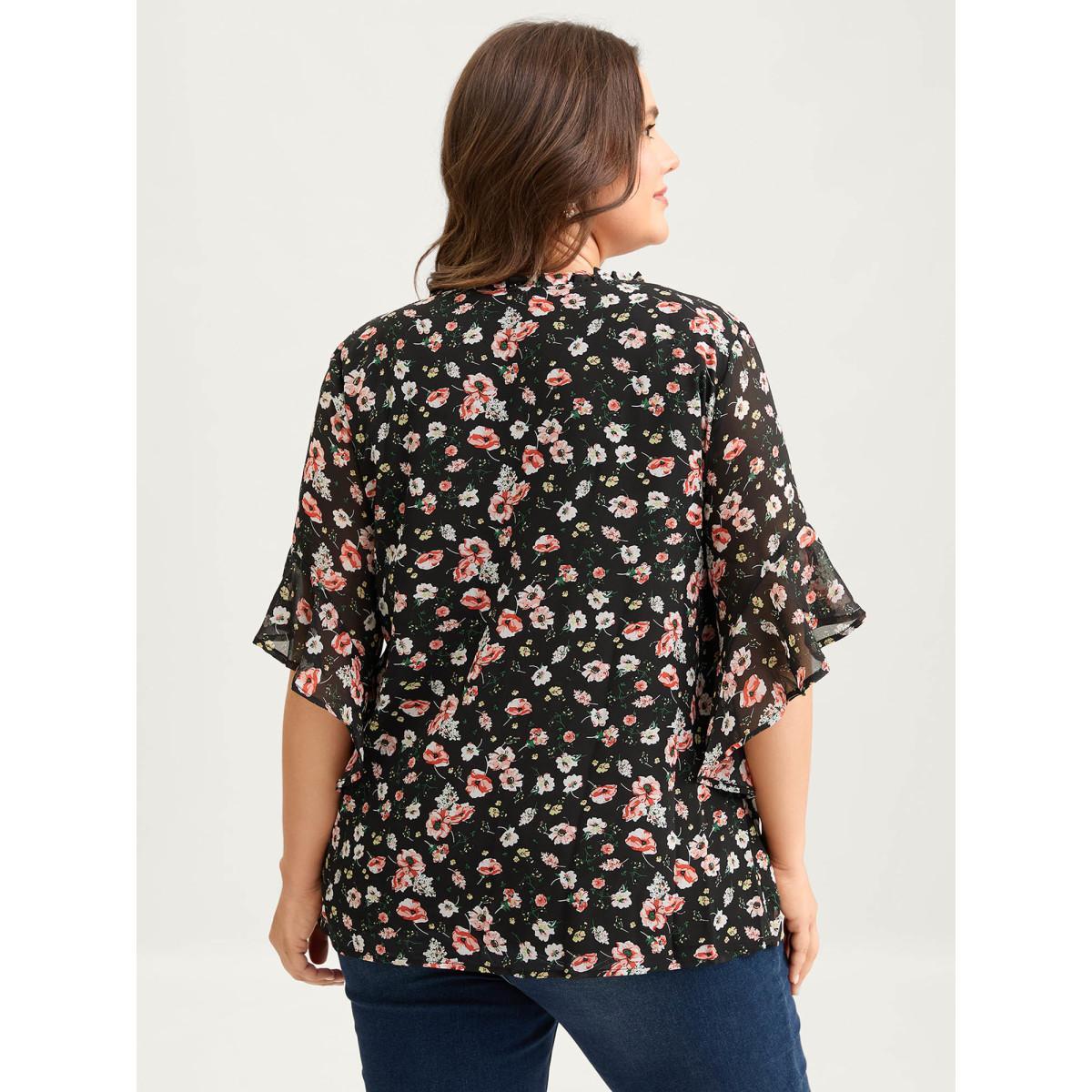 Plus Size Black Chiffon Floral Ruffled Sleeve Blouse Women Elbow-length sleeve Notched collar Everyday-Elegant Blouses BloomChic 18-20/2X Product Image