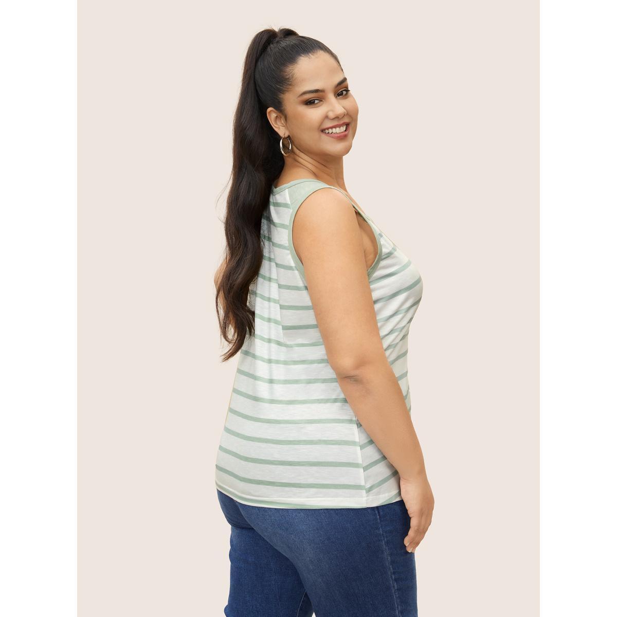 Plus Size Contrast Stripes Round Neck Tank Top Women LightGreen Casual Contrast Round Neck Everyday Tank Tops Camis BloomChic 10/M Product Image