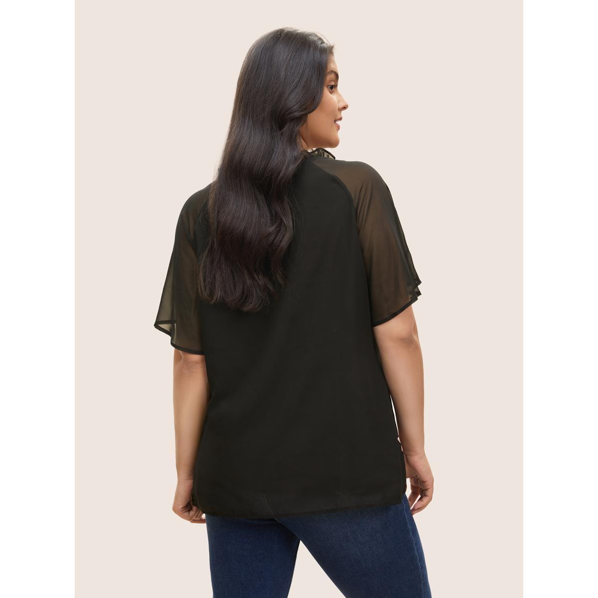 Plus Size Black Boho Print Mesh Patchwork Frill Trim Blouse Women Elegant Short sleeve V-neck Everyday Blouses BloomChic 30/6X Product Image