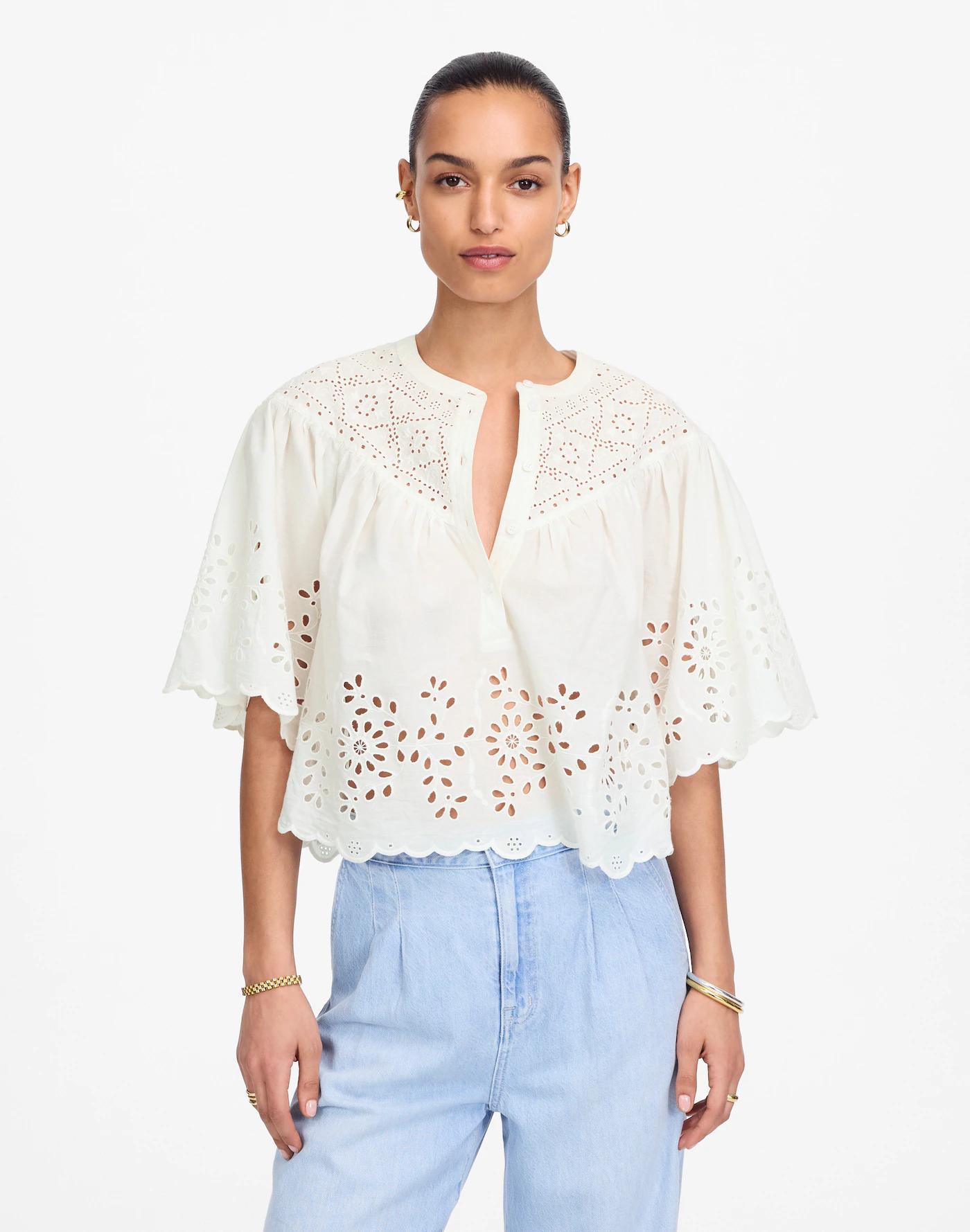 Embroidered Shirred Henley Top Product Image