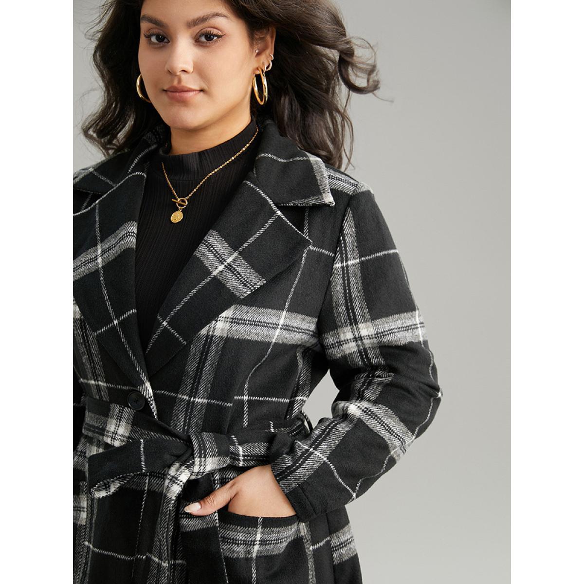 Plus Size Lapel Collar Plaid Belted Contrast Coat Women Black Casual Belted Ladies Dailywear Winter Coats BloomChic 26/4X Product Image