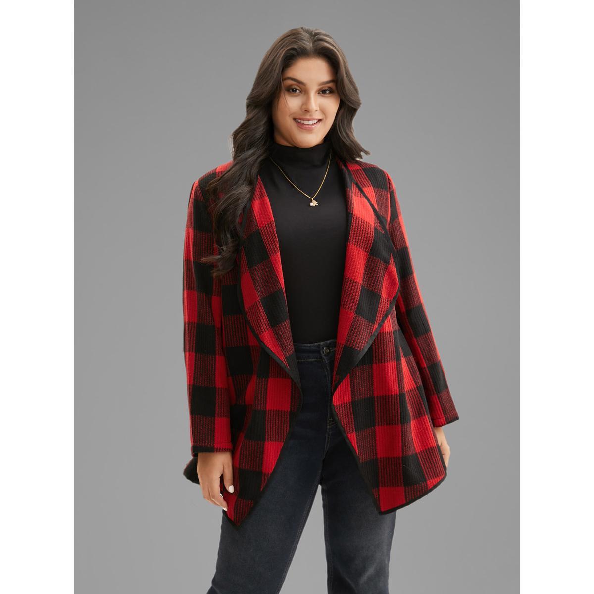 Plus Size Festive Plaid Curved Hem Cardigan Women Brightred Contrast Loose Side seam pocket Everyday Jackets BloomChic 14-16/1X Product Image