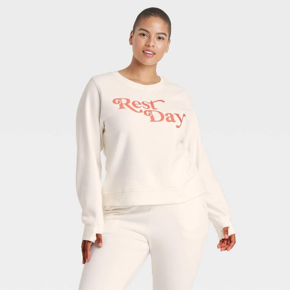 Womens Crew Neck Graphic Sweatshirt - All In Motion Cream XS: Relaxed Fit, Long Sleeve, Pullover, Thumbholes, Jersey Fleece Product Image