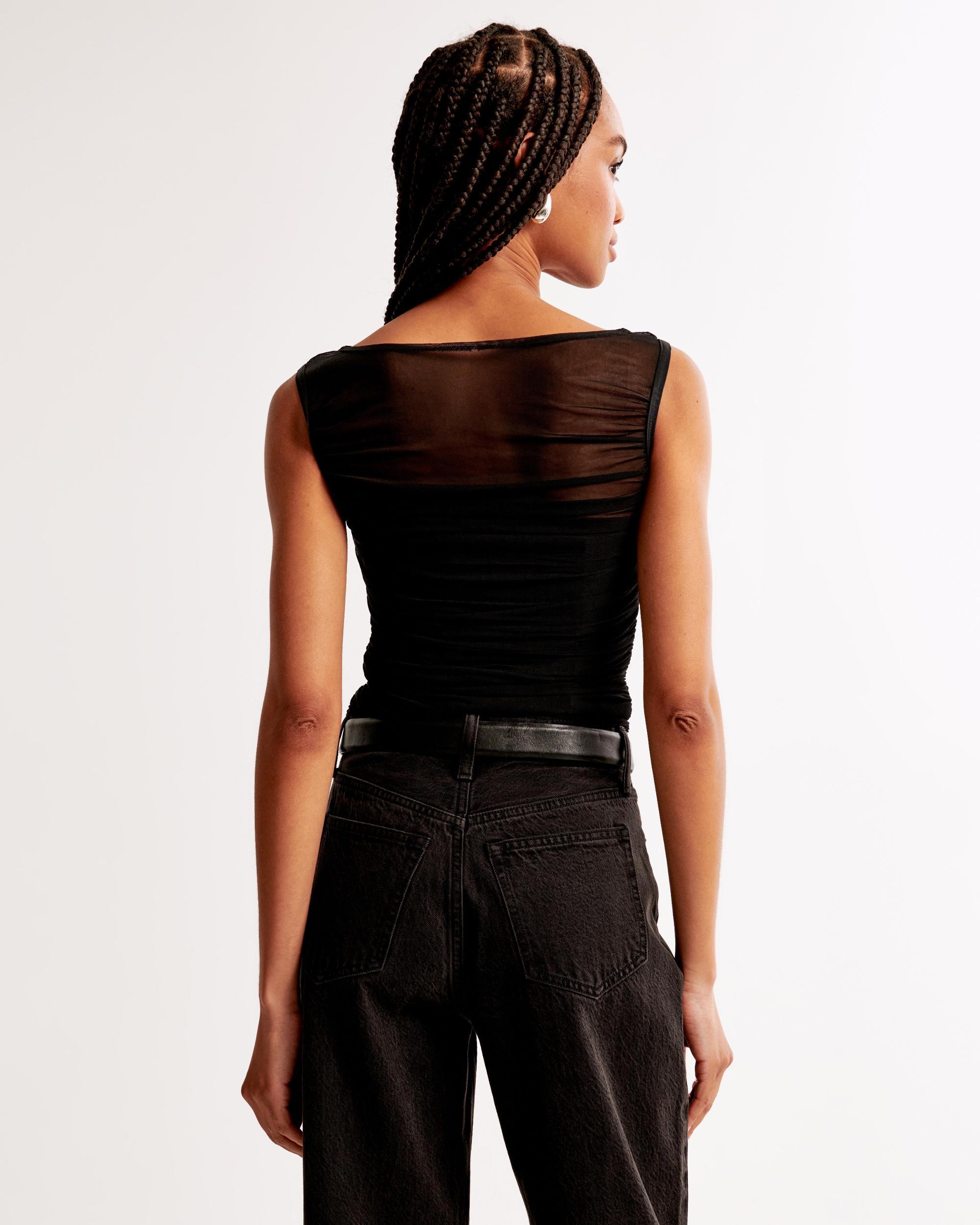 Ruched Mesh Boatneck Bodysuit Product Image