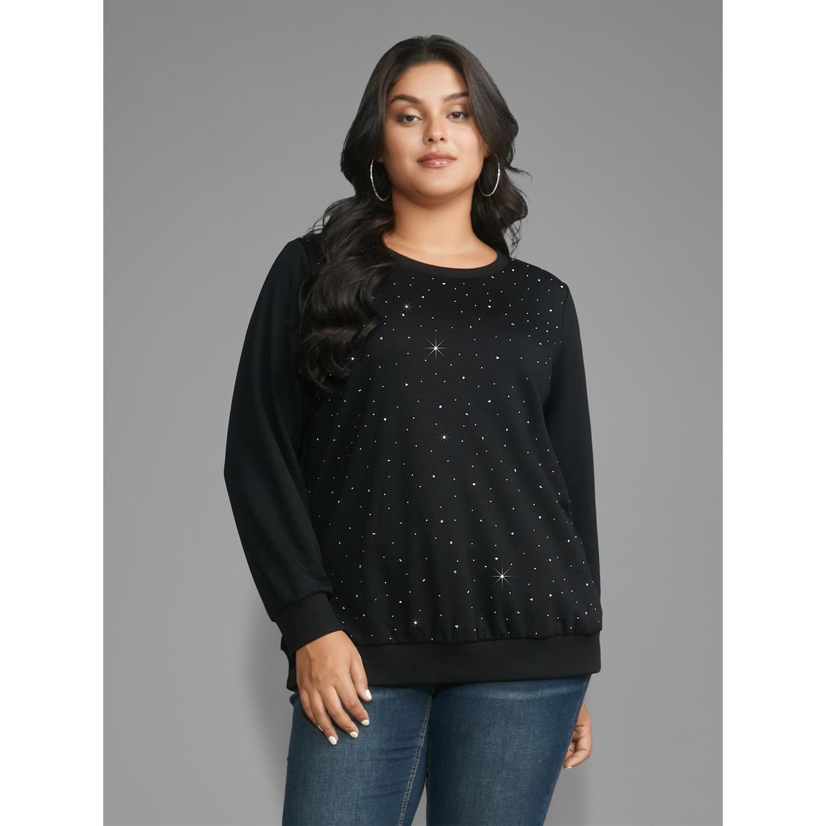Plus Size Crew Neck Rhinestone Slightly Stretchy Sweatshirt Women Black Casual Rhinestone detailing Round Neck Everyday Sweatshirts BloomChic 22-24/3X Product Image
