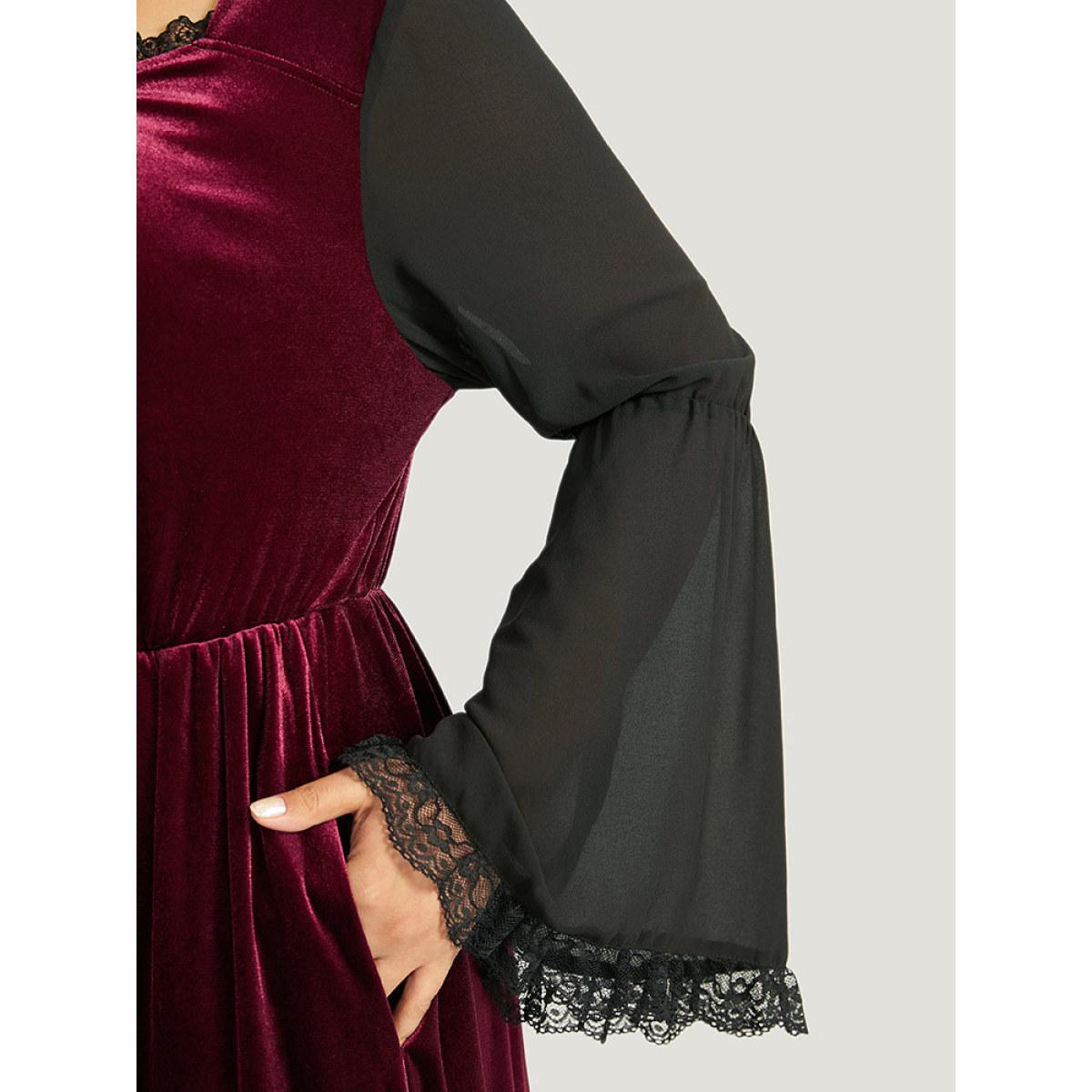 Plus Size Halloween Two Tone Velvet Ruched Lace Panel Bell Sleeve Dress Burgundy Women Elegant Gathered Square Neck Long Sleeve Curvy Midi Dress BloomChic 10/M Product Image