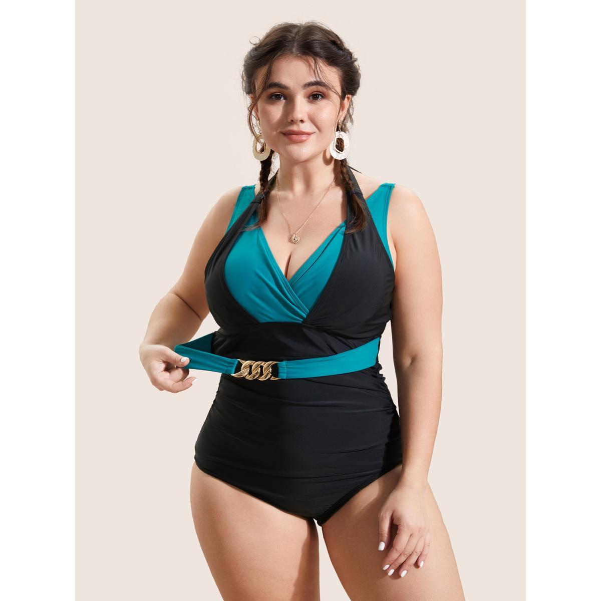 Plus Size Two Tone Metal Chain Detail One Piece Swimsuit Women's Swimwear Teal Beach Gathered Curve Bathing Suits High stretch One Pieces BloomChic 18-20/2X Product Image