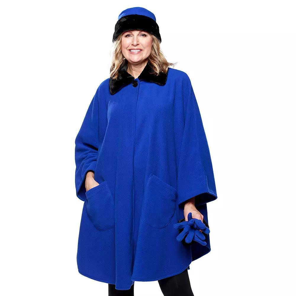 Women's Le Moda Faux Fur Trim Polar Fleece Wrap with Matching Gloves & Hat, Blue Product Image