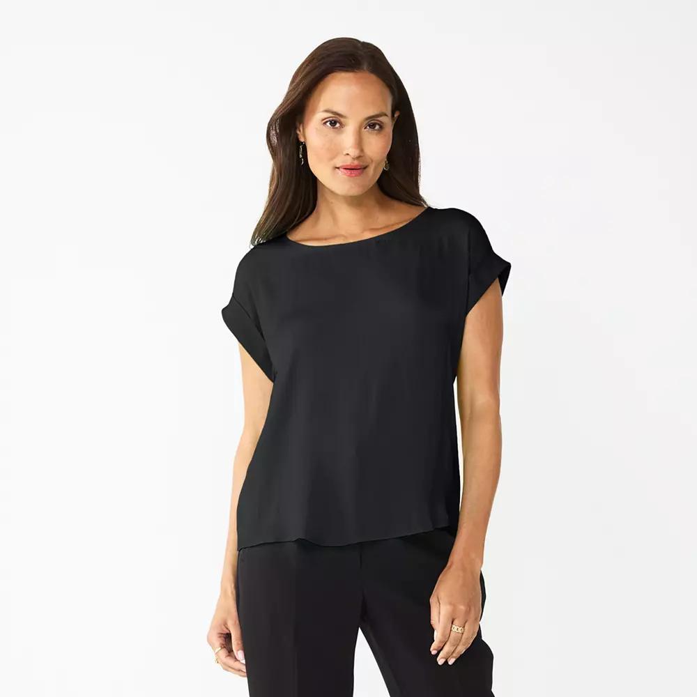 Petite Nine West Short Sleeve Silky Tee, Women's, Size: Small Petite, Black Product Image