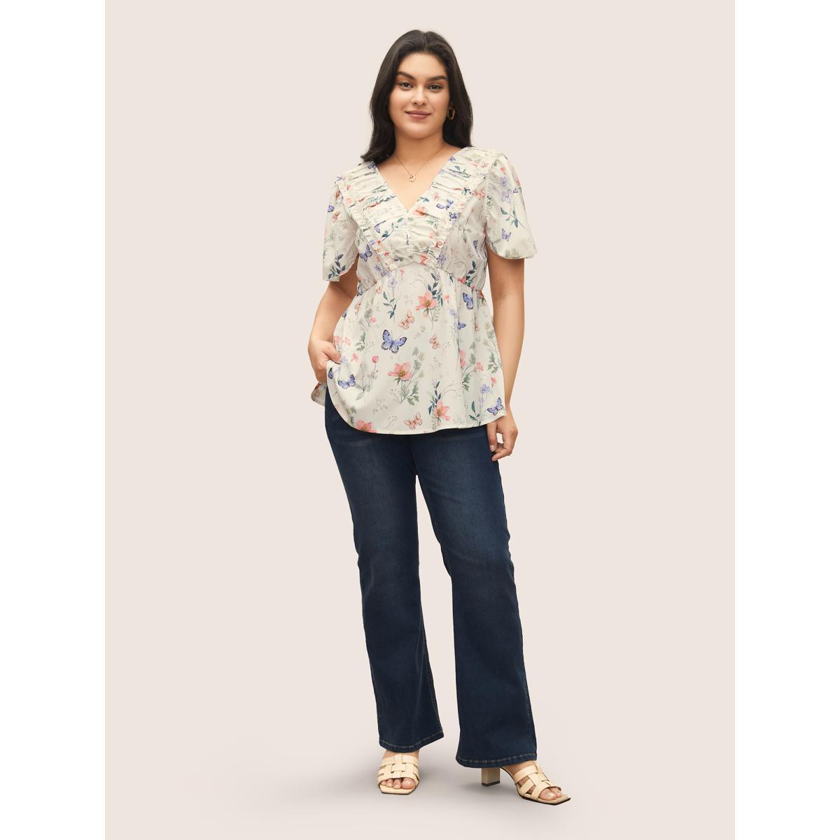 Plus Size Beige Butterfly Ruffles Elastic Waist Ruched Blouse Women Elegant Short sleeve V-neck Everyday Blouses BloomChic 18-20/2X Product Image