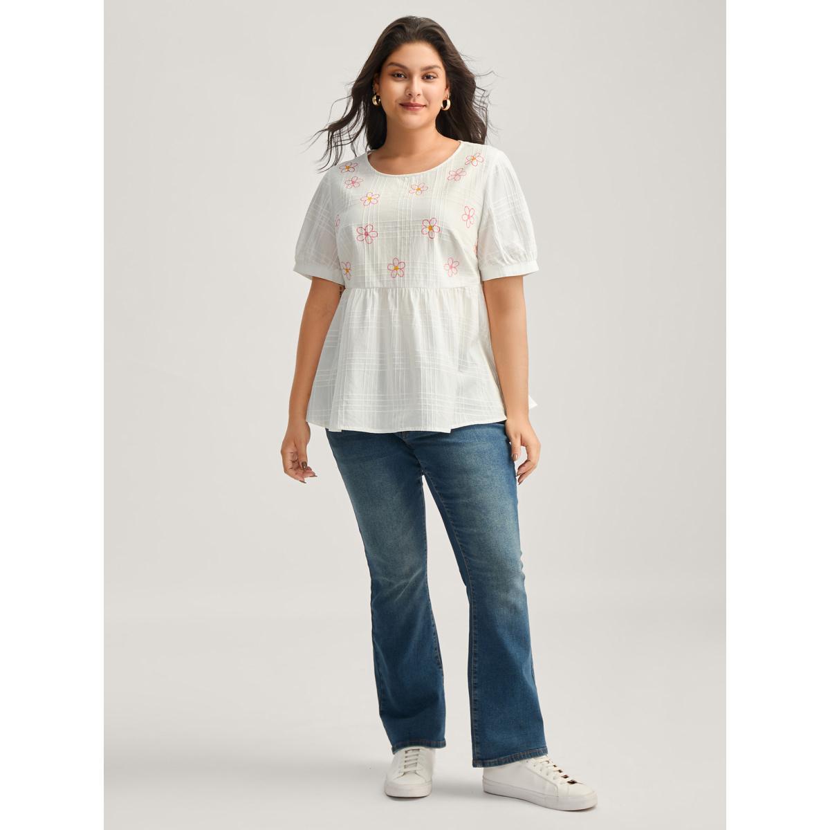 Plus Size WhiteSmoke Cotton Colorful Embroidery Crisscross Solid Blouse Women Short sleeve Round Neck Everyday-Casual Blouses BloomChic 28/5X Product Image