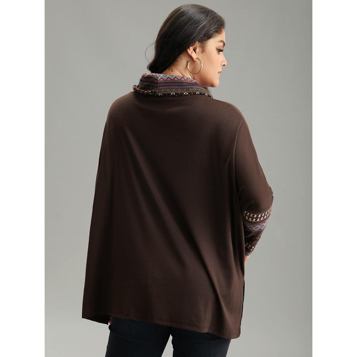 Plus Size Bandana Print Patchwork Turtle Neck T-shirt DarkBrown Women Casual Printed Bohemian Print Turtleneck Dailywear T-shirts BloomChic 30/6X Product Image