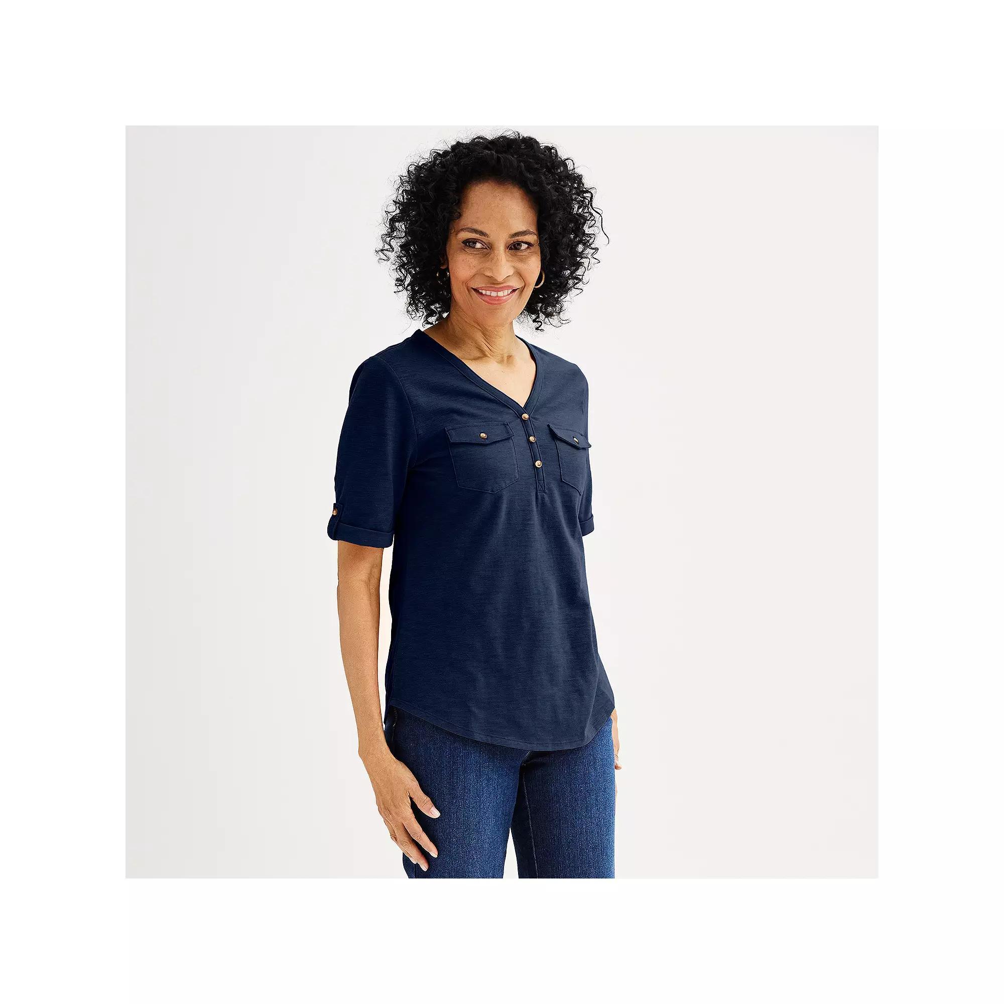 Petite Croft & Barrow® Elbow Sleeve Utility Henley Top, Women's, Size: Small Petite, Seattle Blue Product Image