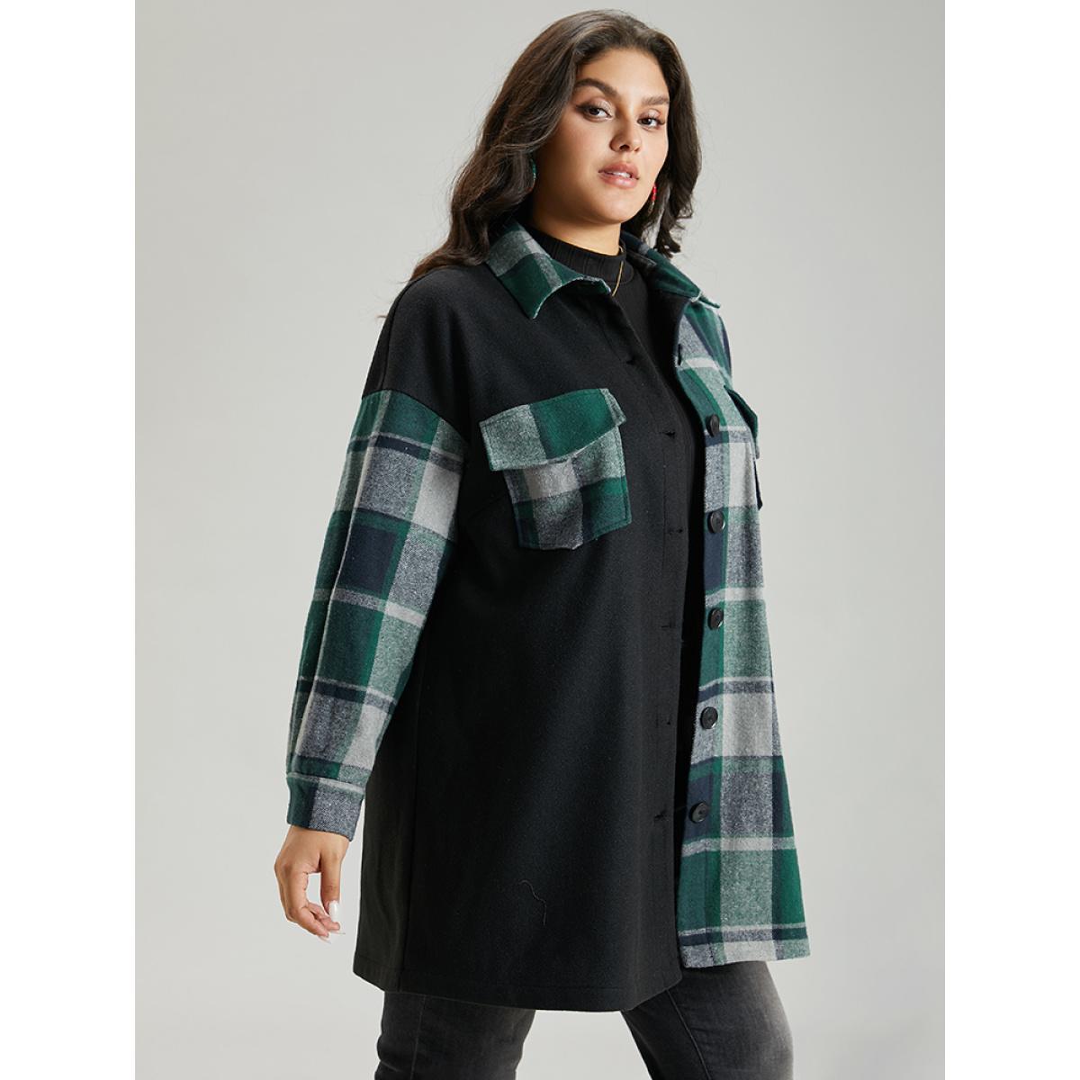 Plus Size Plaid Contrast Patchwork Pocket Button Up Shacket Women Green Contrast Pocket Dailywear Jackets BloomChic 28/5X Product Image