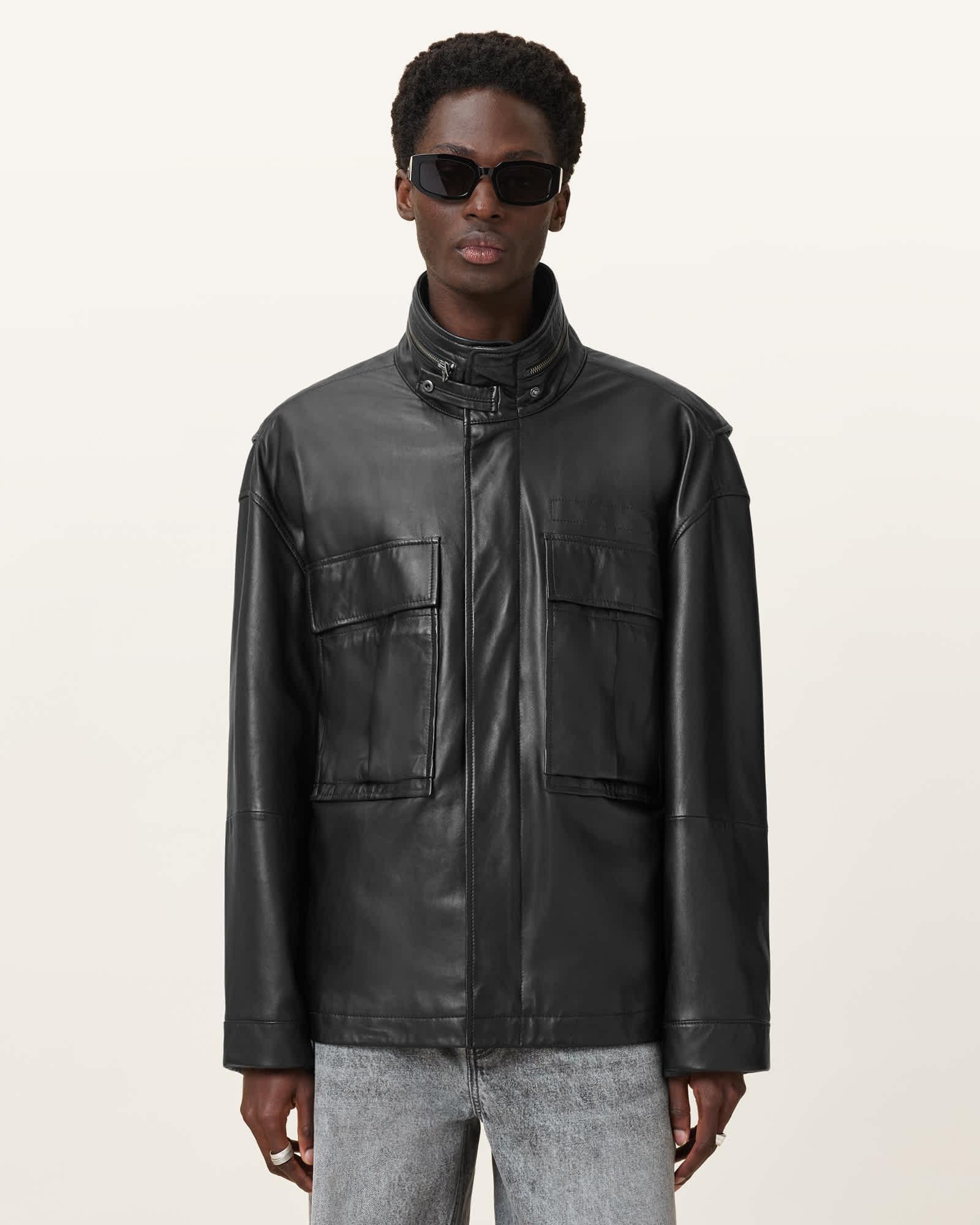 Halton Funnel Collar Leather Jacket Product Image