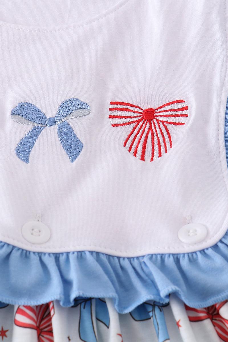 Bow trellis print embroidery ruffle dress Product Image