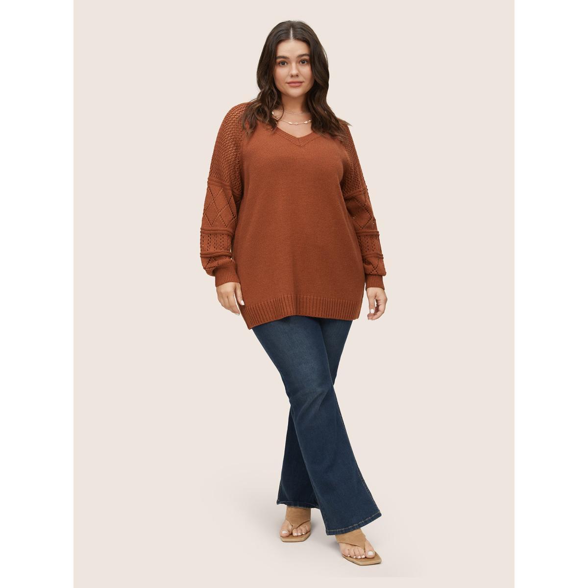 Plus Size Geometric Hollow Out Raglan Sleeve Pullover Chocolate Women Casual Long Sleeve V-neck Everyday Pullovers BloomChic 12/L Product Image