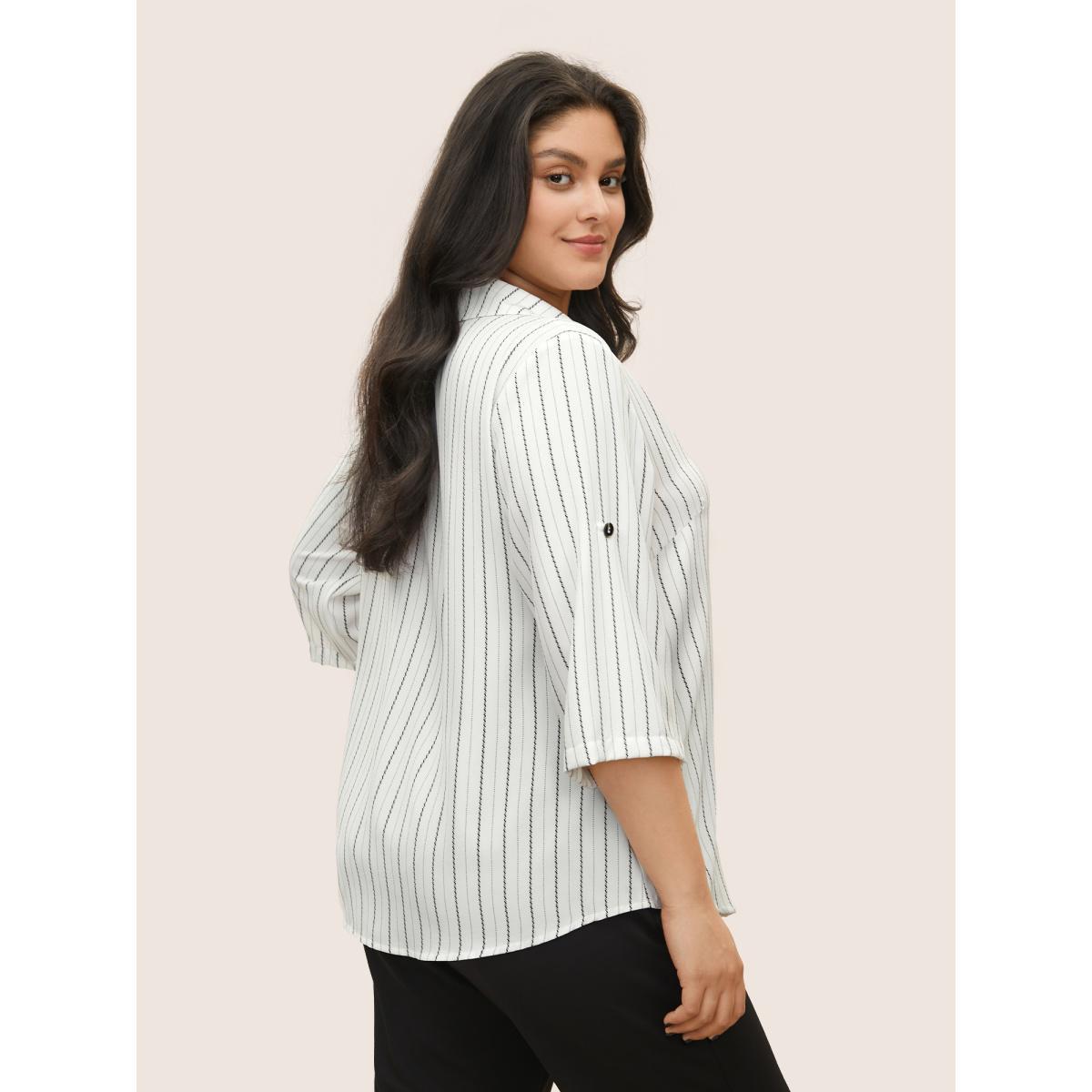 Plus Size White Striped Button Detail Asymmetrical Hem Blouse Women At the Office Elbow-length sleeve Shirt collar Work Blouses BloomChic 28/5X Product Image