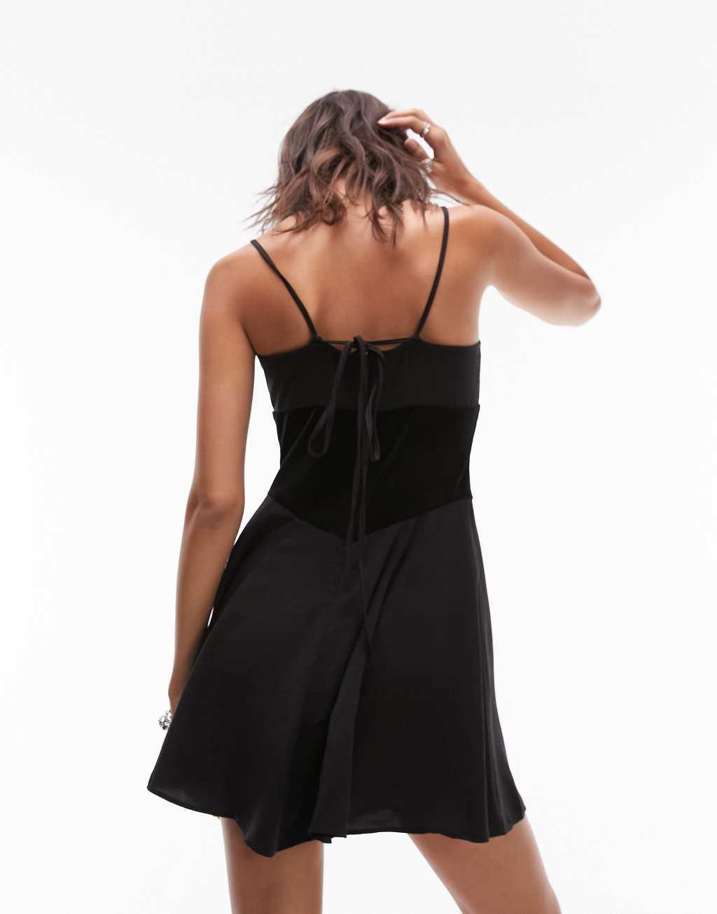 Topshop velvet and cut-out mesh mix flippy strappy mini dress Product Image