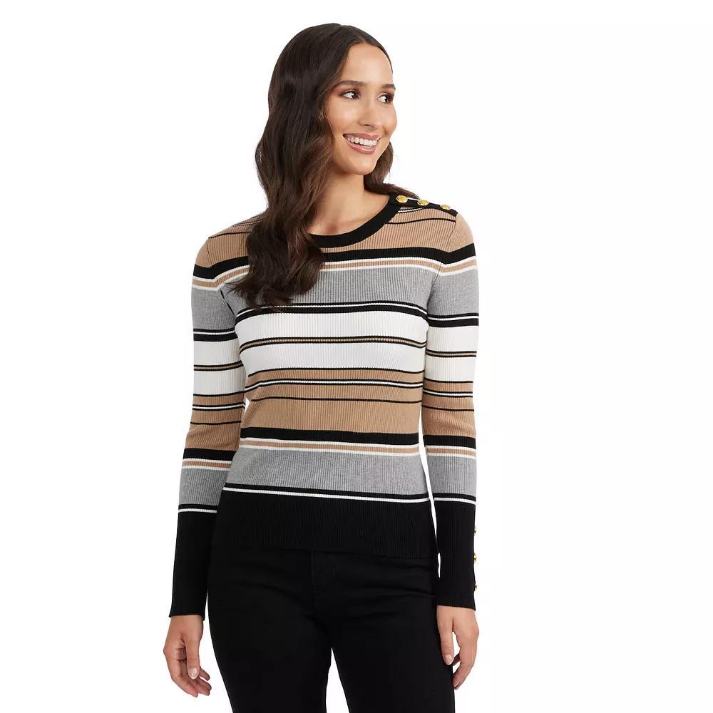 Women's Ellen Tracy Crewneck Button Shoulder Rib Sweater, Size: Medium, Black Team Stripe Product Image