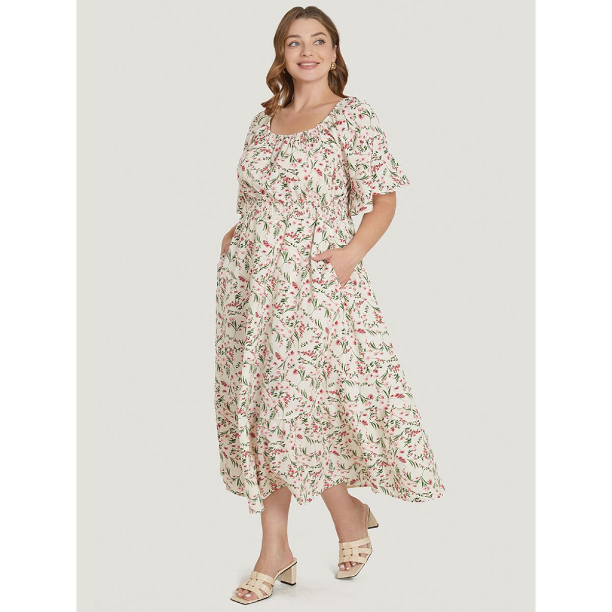 Plus Size Ditsy Floral Pocket Square Neck Shirred Ruffles Dress White Women Elegant Non Square Neck Short sleeve Curvy Midi Dress BloomChic 18-20/2X Product Image