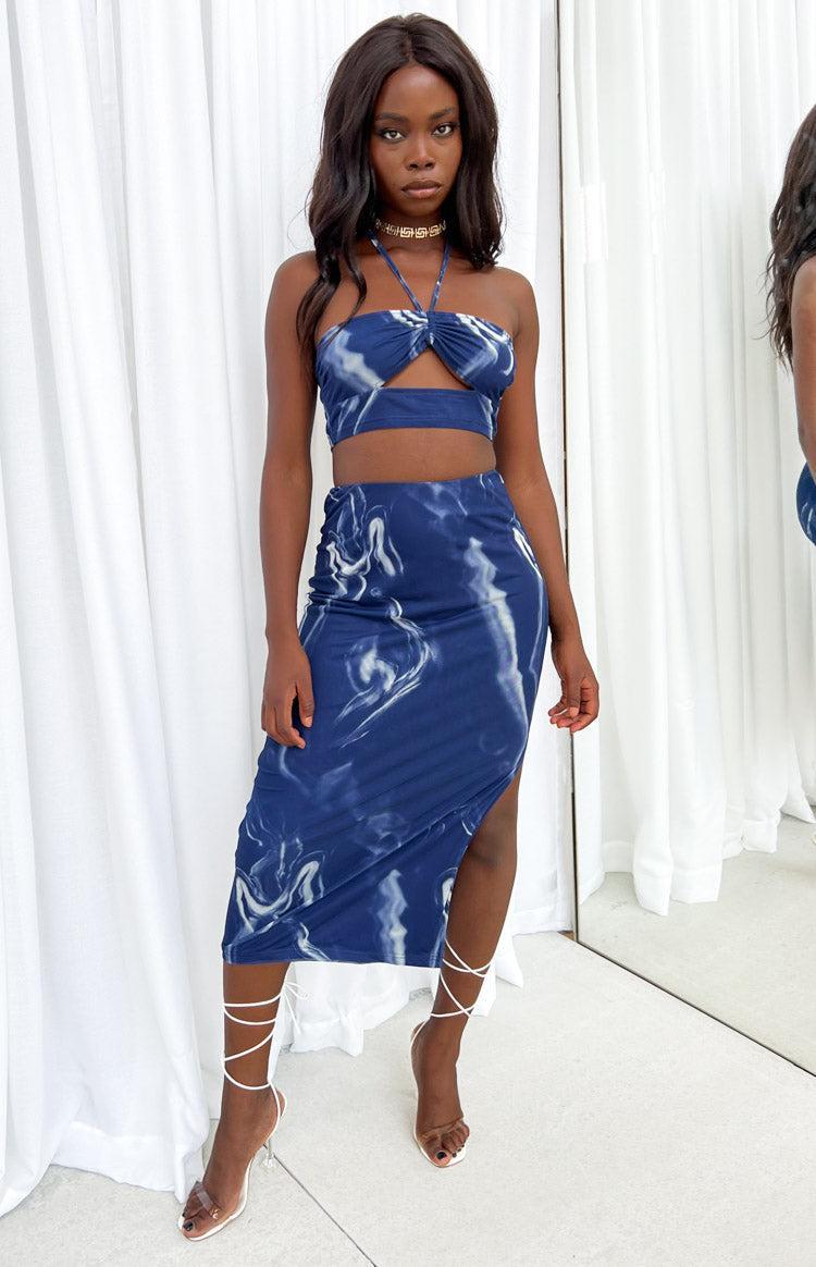 Fable Navy Mesh Midi Skirt Product Image