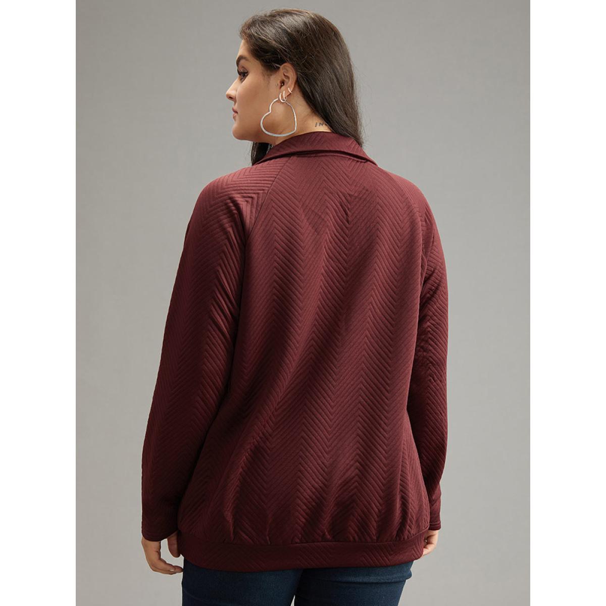 Plus Size Solid Plisse Pocket Button Up Sweatshirt Women Burgundy Casual Texture Polo Dailywear Sweatshirts BloomChic 18-20/2X Product Image