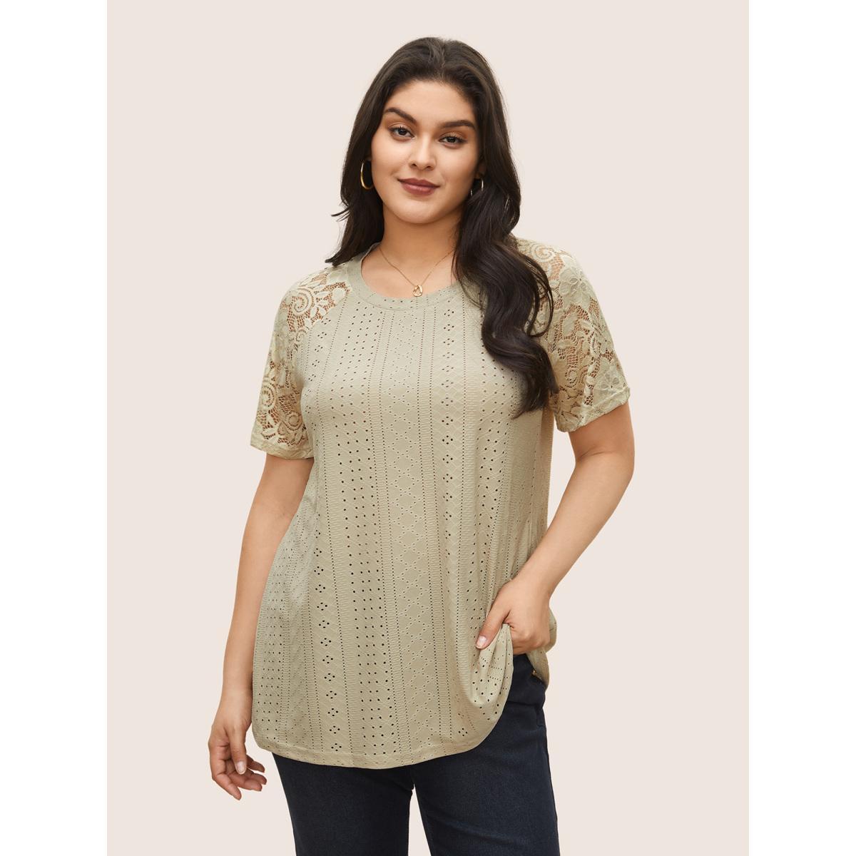 Plus Size Solid Broderie Anglaise Lace Raglan Sleeve T-shirt Champagne Women Elegant See through Plain Round Neck Everyday T-shirts BloomChic 22-24/3X Product Image
